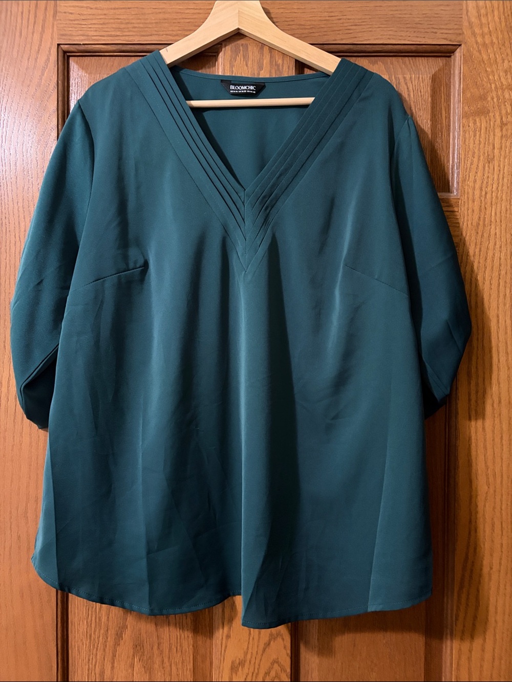 BloomChic Teal V-Neck Pleated Detail Blouse